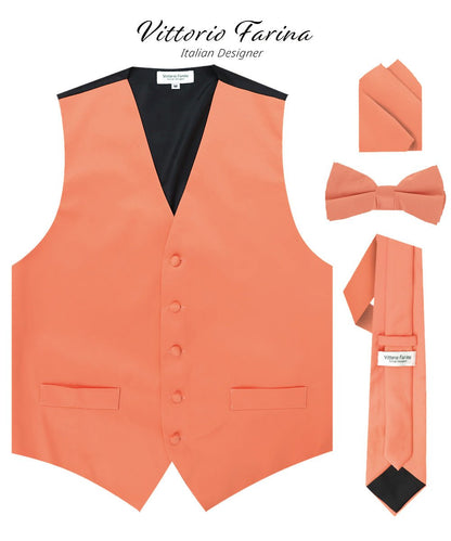Solid Vest Set with Black Back (Vest, Bow Tie, Necktie and Pocket Square) by Vittorio Farina: Lime, Mustard, Orange, Purple, Red, Rose Gold and Navy Blue (vest_plain_BB_rosegold_XS) for Independent Retail Stores by Dubal Brothers