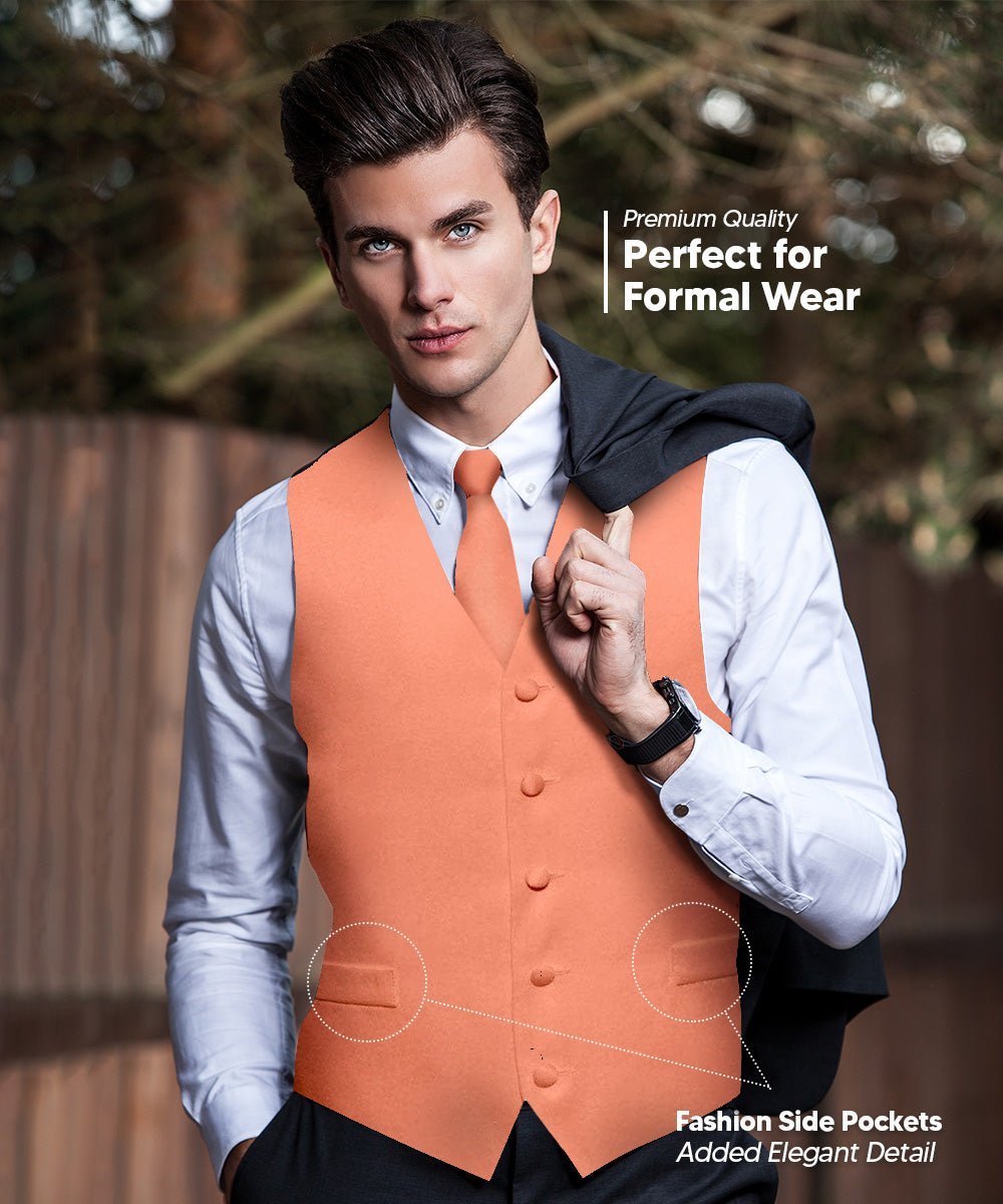 Solid Vest Set with Black Back (Vest, Bow Tie, Necktie and Pocket Square) by Vittorio Farina: Lime, Mustard, Orange, Purple, Red, Rose Gold and Navy Blue (vest_plain_BB_rosegold_XS) for Independent Retail Stores by Dubal Brothers