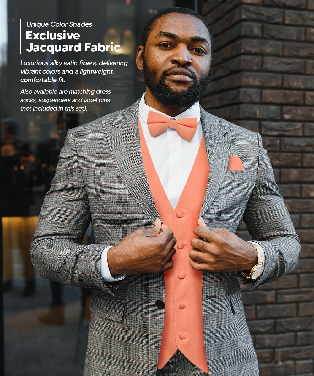 Solid Vest Set with Black Back (Vest, Bow Tie, Necktie and Pocket Square) by Vittorio Farina: Lime, Mustard, Orange, Purple, Red, Rose Gold and Navy Blue (vest_plain_BB_rosegold_XS) for Independent Retail Stores by Dubal Brothers