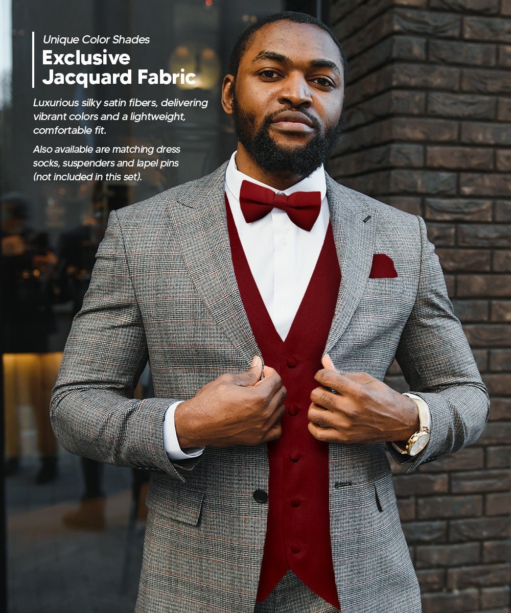Solid Vest Set with Black Back (Vest, Bow Tie, Necktie and Pocket Square) by Vittorio Farina: Maroon, Black, Burgundy, Coral, Hot Pink and Hunter Green (vest_plain_BB_aggiemaroon_XS) for Independent Retail Stores by Dubal Brothers