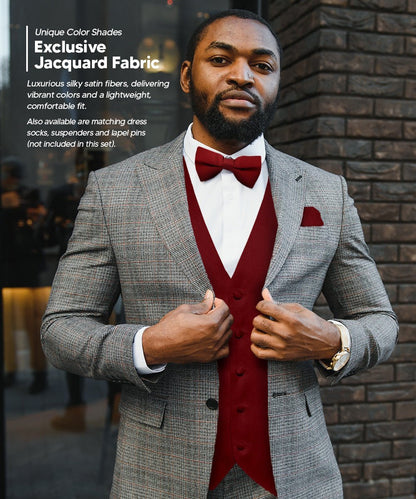 Solid Vest Set with Black Back (Vest, Bow Tie, Necktie and Pocket Square) by Vittorio Farina: Maroon, Black, Burgundy, Coral, Hot Pink and Hunter Green (vest_plain_BB_aggiemaroon_XS) for Independent Retail Stores by Dubal Brothers