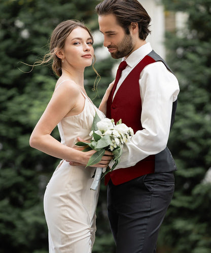 Solid Vest Set with Black Back (Vest, Bow Tie, Necktie and Pocket Square) by Vittorio Farina: Maroon, Black, Burgundy, Coral, Hot Pink and Hunter Green (vest_plain_BB_aggiemaroon_XS) for Independent Retail Stores by Dubal Brothers