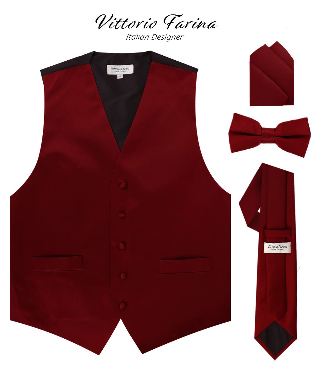 Solid Vest Set with Black Back (Vest, Bow Tie, Necktie and Pocket Square) by Vittorio Farina: Maroon, Black, Burgundy, Coral, Hot Pink and Hunter Green (vest_plain_BB_aggiemaroon_XS) for Independent Retail Stores by Dubal Brothers