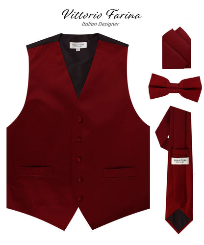 Solid Vest Set with Black Back (Vest, Bow Tie, Necktie and Pocket Square) by Vittorio Farina: Maroon, Black, Burgundy, Coral, Hot Pink and Hunter Green (vest_plain_BB_aggiemaroon_XS) for Independent Retail Stores by Dubal Brothers