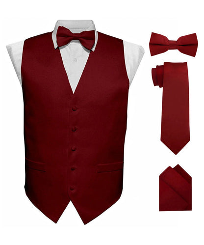 Solid Vest Set with Black Back (Vest, Bow Tie, Necktie and Pocket Square) by Vittorio Farina: Maroon, Black, Burgundy, Coral, Hot Pink and Hunter Green (vest_plain_BB_aggiemaroon_XS) for Independent Retail Stores by Dubal Brothers