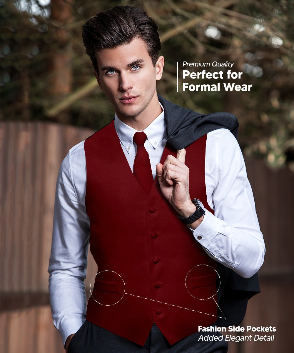 Solid Vest Set with Black Back (Vest, Bow Tie, Necktie and Pocket Square) by Vittorio Farina: Maroon, Black, Burgundy, Coral, Hot Pink and Hunter Green (vest_plain_BB_aggiemaroon_XS) for Independent Retail Stores by Dubal Brothers