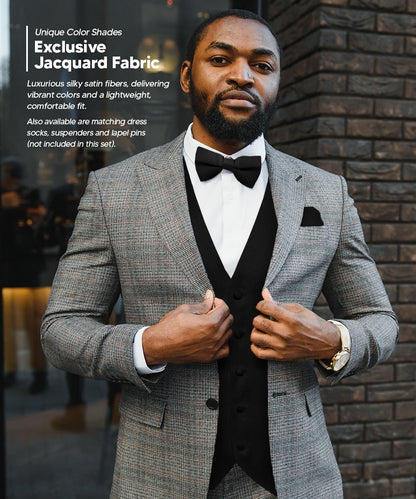 Solid Vest Set with Black Back (Vest, Bow Tie, Necktie and Pocket Square) by Vittorio Farina: Maroon, Black, Burgundy, Coral, Hot Pink and Hunter Green (vest_plain_BB_black_XS) for Independent Retail Stores by Dubal Brothers