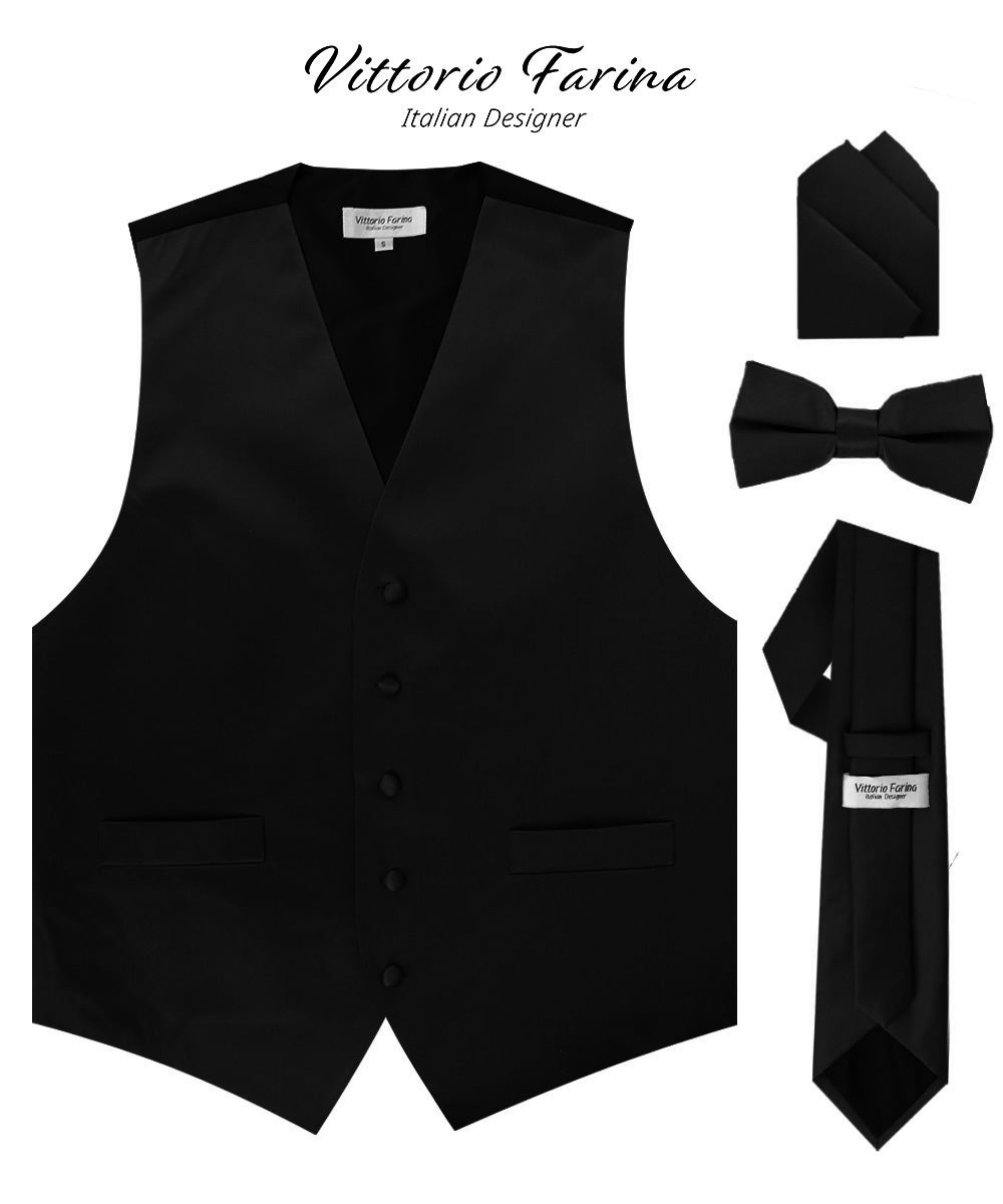 Solid Vest Set with Black Back (Vest, Bow Tie, Necktie and Pocket Square) by Vittorio Farina: Maroon, Black, Burgundy, Coral, Hot Pink and Hunter Green (vest_plain_BB_black_XS) for Independent Retail Stores by Dubal Brothers