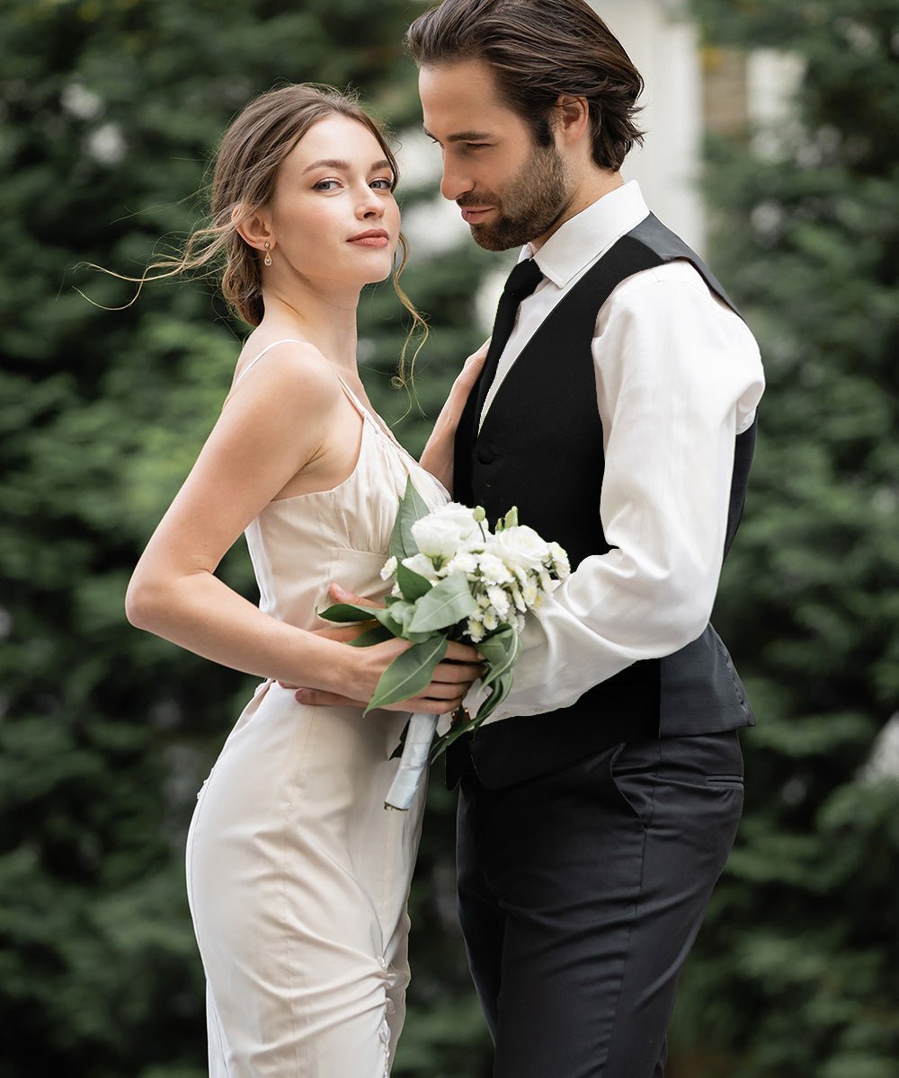 Solid Vest Set with Black Back (Vest, Bow Tie, Necktie and Pocket Square) by Vittorio Farina: Maroon, Black, Burgundy, Coral, Hot Pink and Hunter Green (vest_plain_BB_black_XS) for Independent Retail Stores by Dubal Brothers