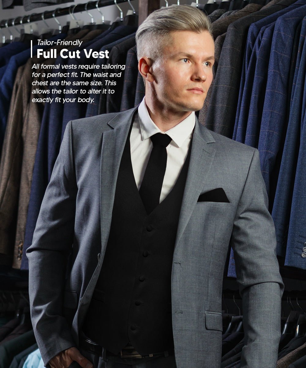 Solid Vest Set with Black Back (Vest, Bow Tie, Necktie and Pocket Square) by Vittorio Farina: Maroon, Black, Burgundy, Coral, Hot Pink and Hunter Green (vest_plain_BB_black_XS) for Independent Retail Stores by Dubal Brothers