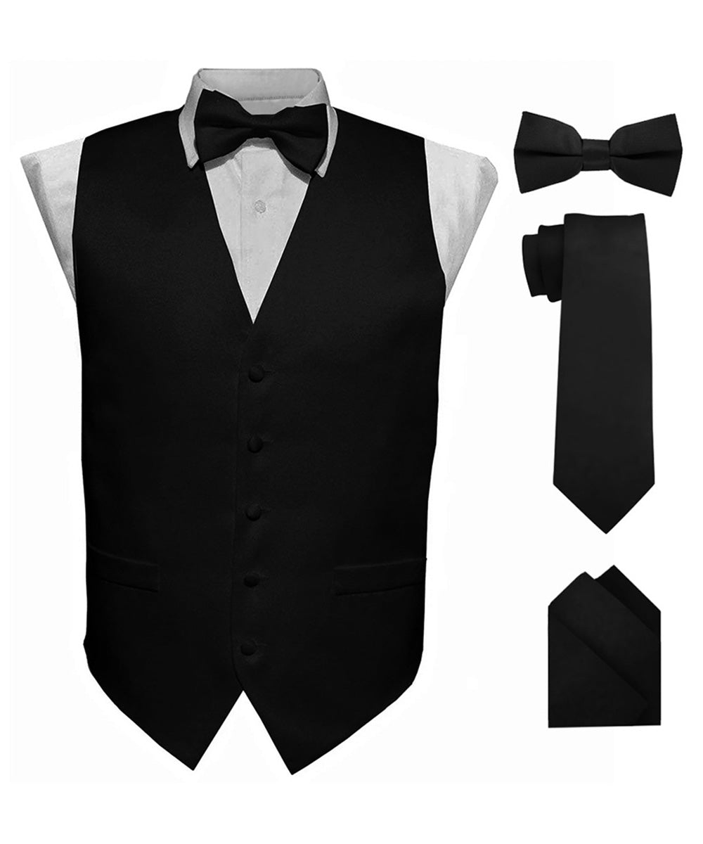 Solid Vest Set with Black Back (Vest, Bow Tie, Necktie and Pocket Square) by Vittorio Farina: Maroon, Black, Burgundy, Coral, Hot Pink and Hunter Green (vest_plain_BB_black_XS) for Independent Retail Stores by Dubal Brothers