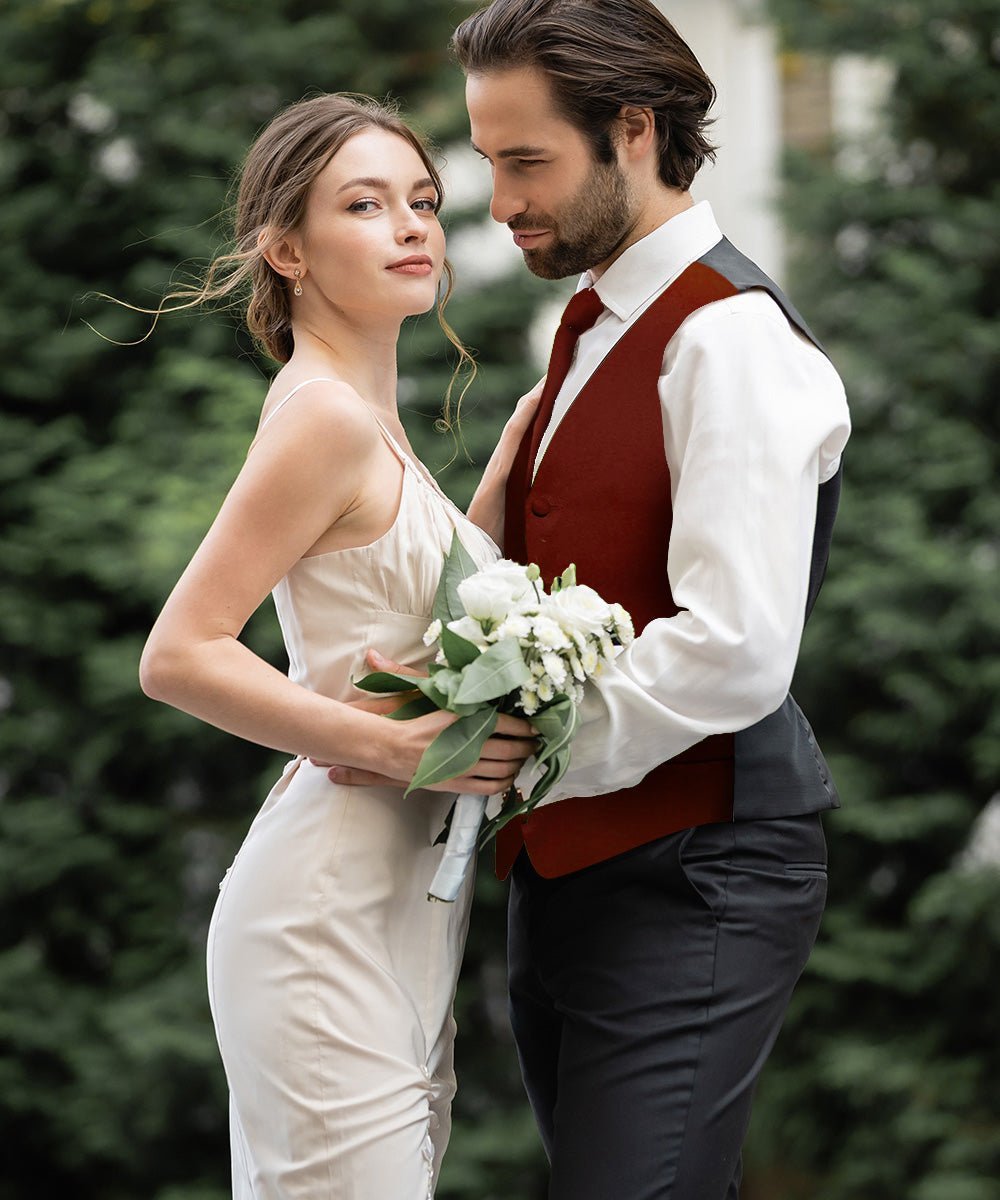 Solid Vest Set with Black Back (Vest, Bow Tie, Necktie and Pocket Square) by Vittorio Farina: Maroon, Black, Burgundy, Coral, Hot Pink and Hunter Green (vest_plain_BB_burgundy_XS) for Independent Retail Stores by Dubal Brothers