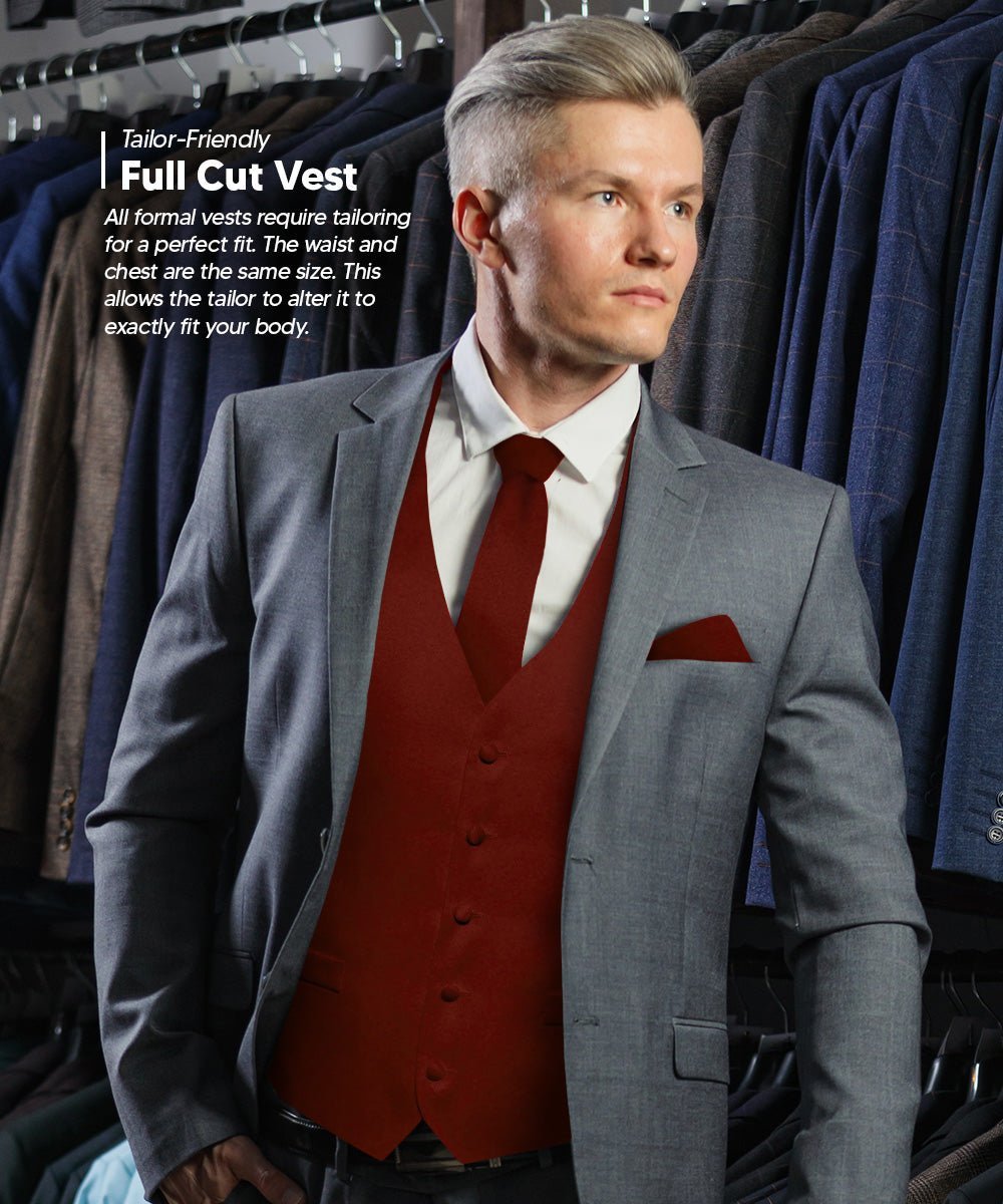 Solid Vest Set with Black Back (Vest, Bow Tie, Necktie and Pocket Square) by Vittorio Farina: Maroon, Black, Burgundy, Coral, Hot Pink and Hunter Green (vest_plain_BB_burgundy_XS) for Independent Retail Stores by Dubal Brothers