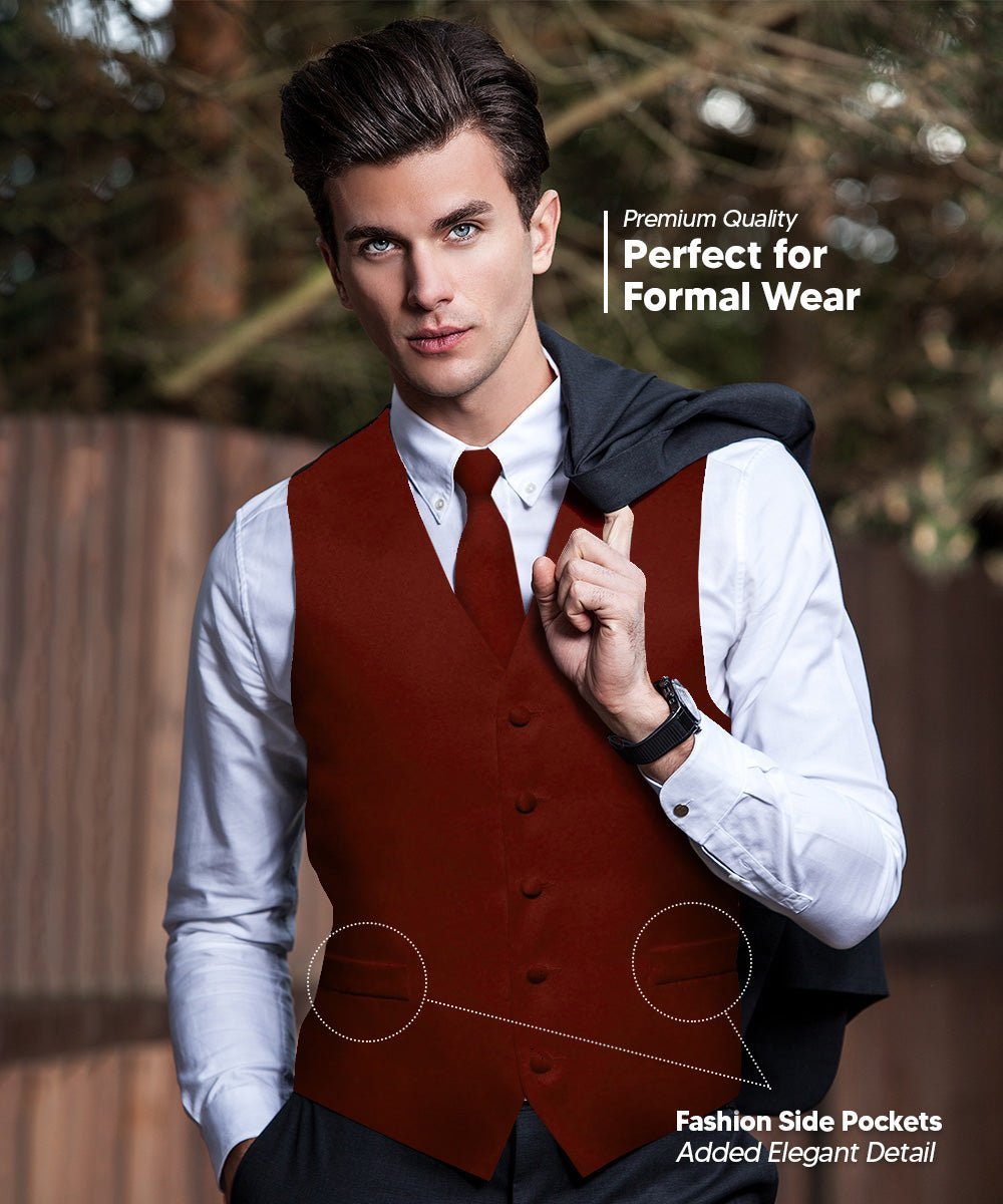 Solid Vest Set with Black Back (Vest, Bow Tie, Necktie and Pocket Square) by Vittorio Farina: Maroon, Black, Burgundy, Coral, Hot Pink and Hunter Green (vest_plain_BB_burgundy_XS) for Independent Retail Stores by Dubal Brothers