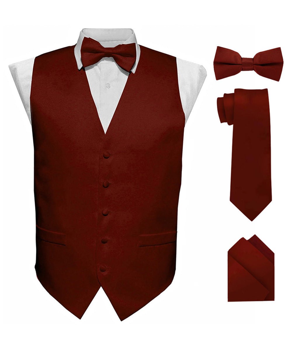 Solid Vest Set with Black Back (Vest, Bow Tie, Necktie and Pocket Square) by Vittorio Farina: Maroon, Black, Burgundy, Coral, Hot Pink and Hunter Green (vest_plain_BB_burgundy_XS) for Independent Retail Stores by Dubal Brothers