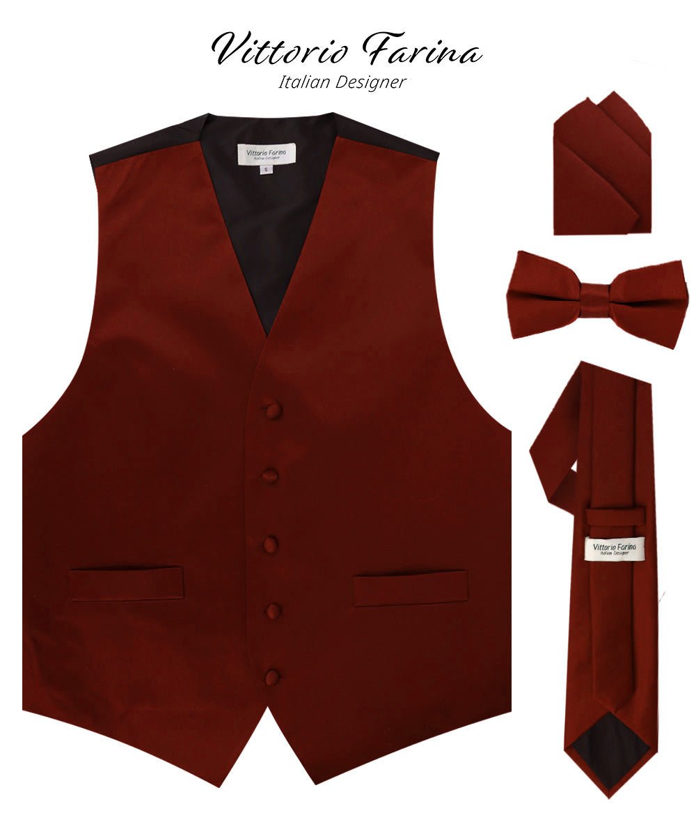 Solid Vest Set with Black Back (Vest, Bow Tie, Necktie and Pocket Square) by Vittorio Farina: Maroon, Black, Burgundy, Coral, Hot Pink and Hunter Green (vest_plain_BB_burgundy_XS) for Independent Retail Stores by Dubal Brothers