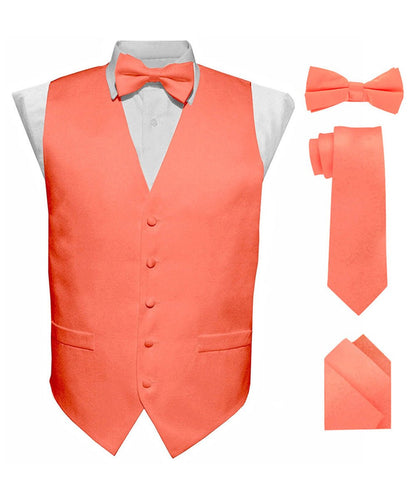 Solid Vest Set with Black Back (Vest, Bow Tie, Necktie and Pocket Square) by Vittorio Farina: Maroon, Black, Burgundy, Coral, Hot Pink and Hunter Green (vest_plain_BB_coral_XS) for Independent Retail Stores by Dubal Brothers