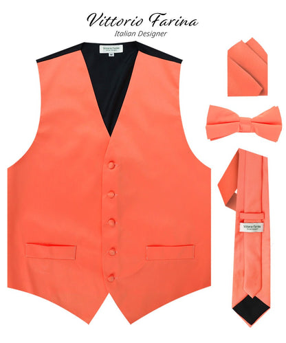 Solid Vest Set with Black Back (Vest, Bow Tie, Necktie and Pocket Square) by Vittorio Farina: Maroon, Black, Burgundy, Coral, Hot Pink and Hunter Green (vest_plain_BB_coral_XS) for Independent Retail Stores by Dubal Brothers