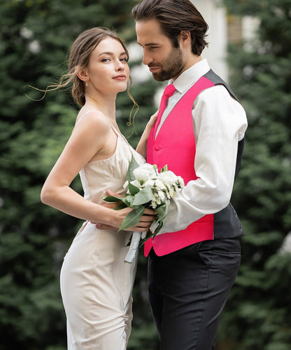 Solid Vest Set with Black Back (Vest, Bow Tie, Necktie and Pocket Square) by Vittorio Farina: Maroon, Black, Burgundy, Coral, Hot Pink and Hunter Green (vest_plain_BB_hotpink_XS) for Independent Retail Stores by Dubal Brothers