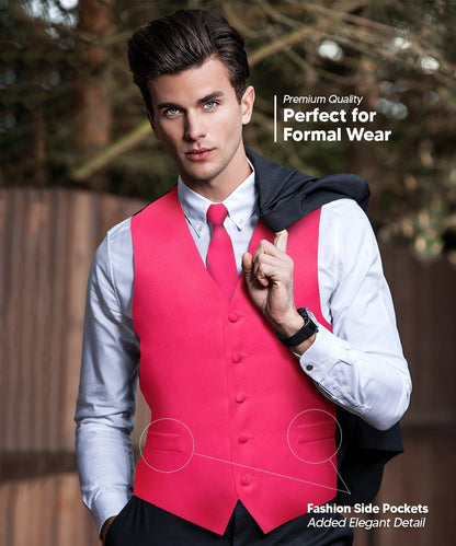 Solid Vest Set with Black Back (Vest, Bow Tie, Necktie and Pocket Square) by Vittorio Farina: Maroon, Black, Burgundy, Coral, Hot Pink and Hunter Green (vest_plain_BB_hotpink_XS) for Independent Retail Stores by Dubal Brothers