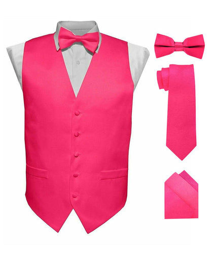 Solid Vest Set with Black Back (Vest, Bow Tie, Necktie and Pocket Square) by Vittorio Farina: Maroon, Black, Burgundy, Coral, Hot Pink and Hunter Green (vest_plain_BB_hotpink_XS) for Independent Retail Stores by Dubal Brothers
