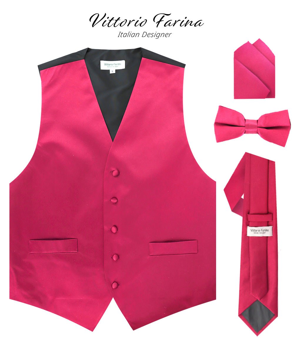 Solid Vest Set with Black Back (Vest, Bow Tie, Necktie and Pocket Square) by Vittorio Farina: Maroon, Black, Burgundy, Coral, Hot Pink and Hunter Green (vest_plain_BB_hotpink_XS) for Independent Retail Stores by Dubal Brothers
