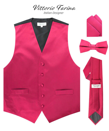 Solid Vest Set with Black Back (Vest, Bow Tie, Necktie and Pocket Square) by Vittorio Farina: Maroon, Black, Burgundy, Coral, Hot Pink and Hunter Green (vest_plain_BB_hotpink_XS) for Independent Retail Stores by Dubal Brothers
