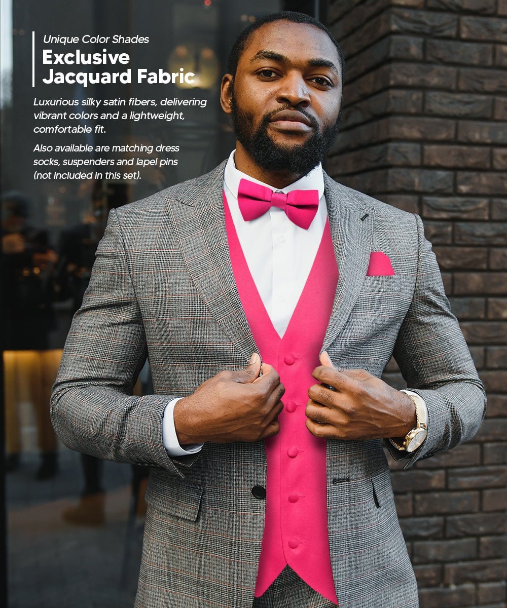 Solid Vest Set with Black Back (Vest, Bow Tie, Necktie and Pocket Square) by Vittorio Farina: Maroon, Black, Burgundy, Coral, Hot Pink and Hunter Green (vest_plain_BB_hotpink_XS) for Independent Retail Stores by Dubal Brothers