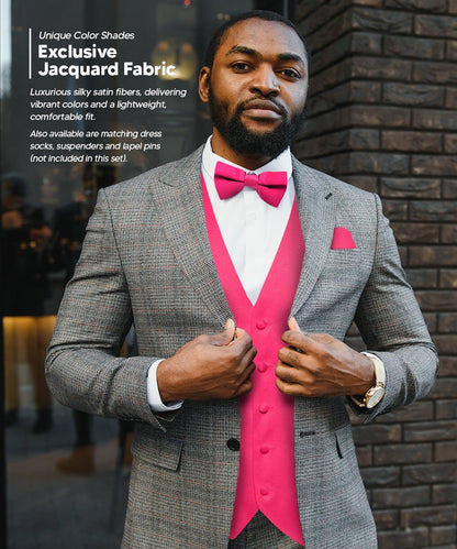 Solid Vest Set with Black Back (Vest, Bow Tie, Necktie and Pocket Square) by Vittorio Farina: Maroon, Black, Burgundy, Coral, Hot Pink and Hunter Green (vest_plain_BB_hotpink_XS) for Independent Retail Stores by Dubal Brothers