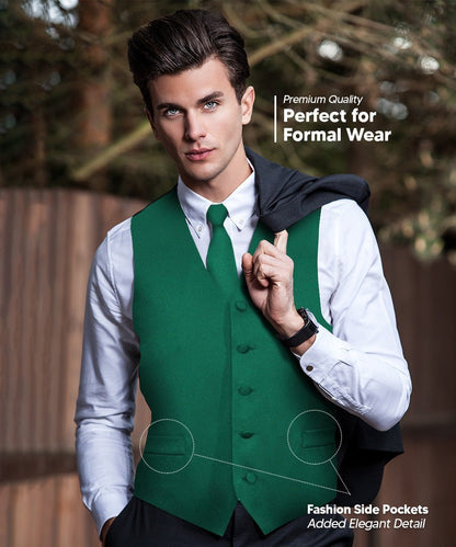 Solid Vest Set with Black Back (Vest, Bow Tie, Necktie and Pocket Square) by Vittorio Farina: Maroon, Black, Burgundy, Coral, Hot Pink and Hunter Green (vest_plain_BB_hunter_XS) for Independent Retail Stores by Dubal Brothers