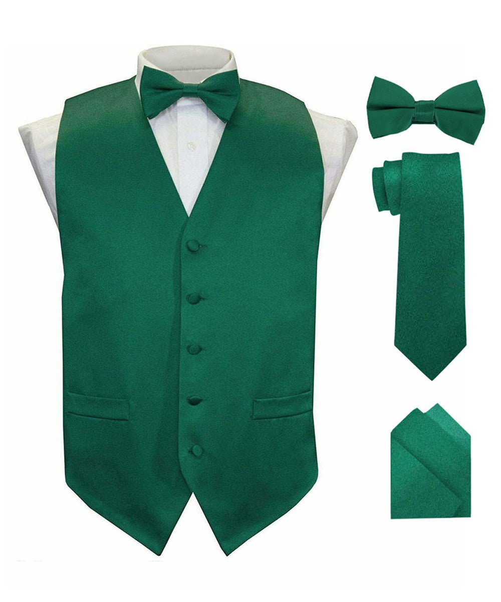 Solid Vest Set with Black Back (Vest, Bow Tie, Necktie and Pocket Square) by Vittorio Farina: Maroon, Black, Burgundy, Coral, Hot Pink and Hunter Green (vest_plain_BB_hunter_XS) for Independent Retail Stores by Dubal Brothers