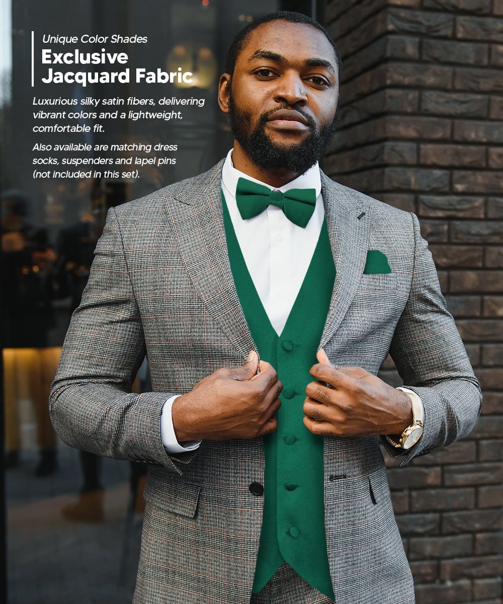 Solid Vest Set with Black Back (Vest, Bow Tie, Necktie and Pocket Square) by Vittorio Farina: Maroon, Black, Burgundy, Coral, Hot Pink and Hunter Green (vest_plain_BB_hunter_XS) for Independent Retail Stores by Dubal Brothers