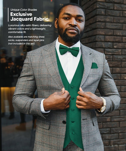 Solid Vest Set with Black Back (Vest, Bow Tie, Necktie and Pocket Square) by Vittorio Farina: Maroon, Black, Burgundy, Coral, Hot Pink and Hunter Green (vest_plain_BB_hunter_XS) for Independent Retail Stores by Dubal Brothers