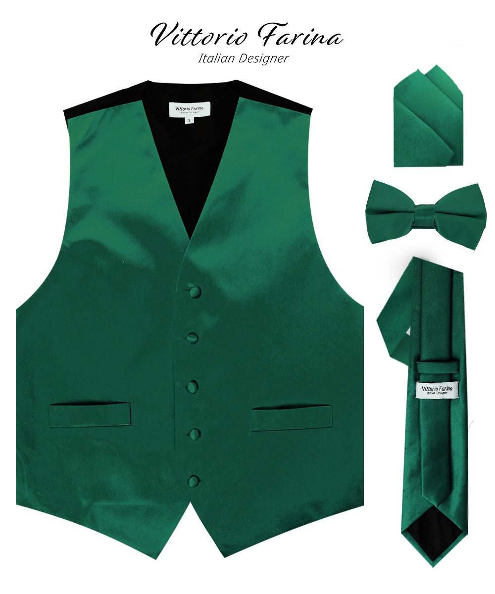 Solid Vest Set with Black Back (Vest, Bow Tie, Necktie and Pocket Square) by Vittorio Farina: Maroon, Black, Burgundy, Coral, Hot Pink and Hunter Green (vest_plain_BB_hunter_XS) for Independent Retail Stores by Dubal Brothers