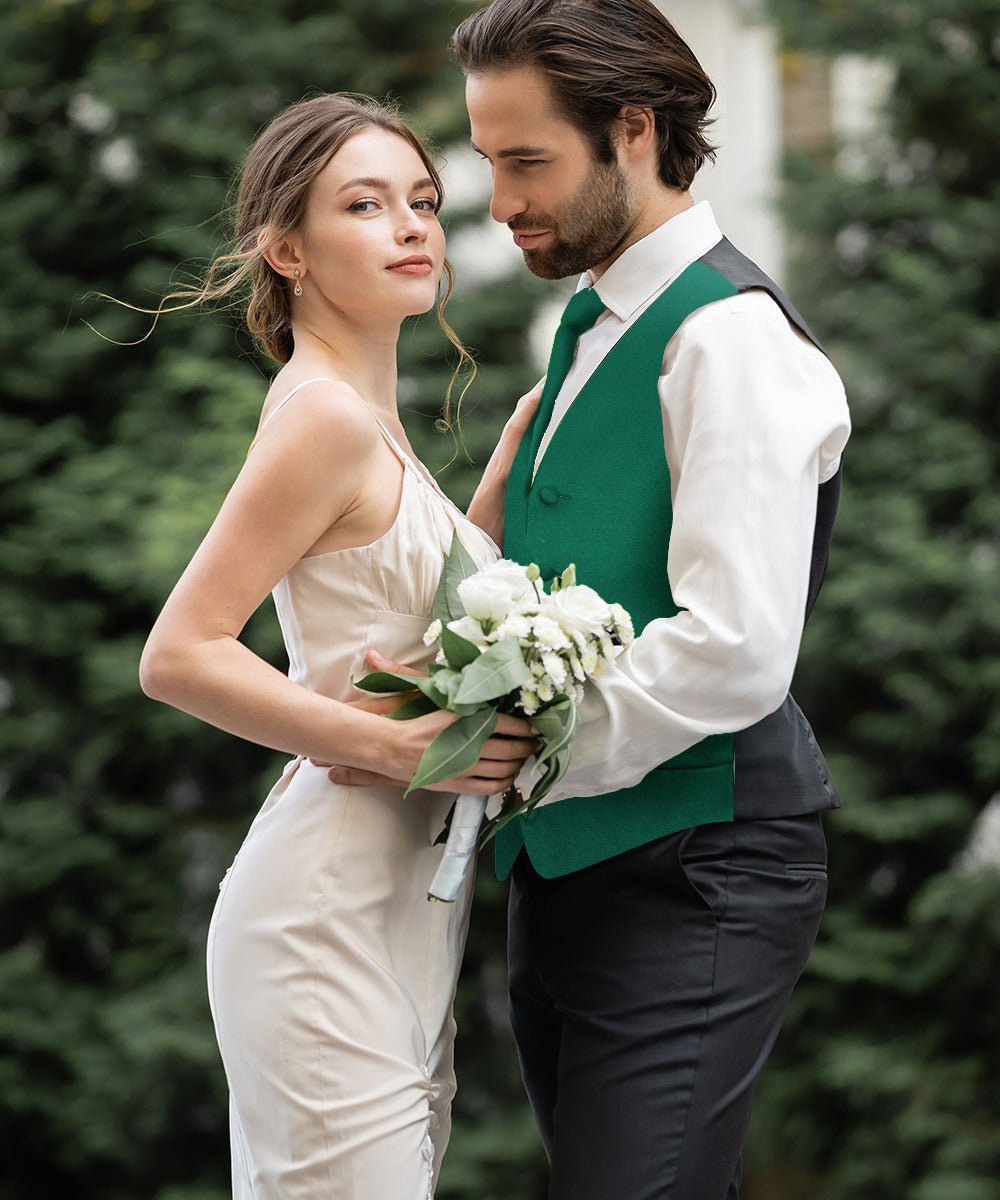 Solid Vest Set with Black Back (Vest, Bow Tie, Necktie and Pocket Square) by Vittorio Farina: Maroon, Black, Burgundy, Coral, Hot Pink and Hunter Green (vest_plain_BB_hunter_XS) for Independent Retail Stores by Dubal Brothers