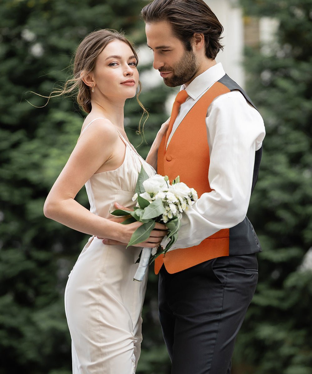 Solid Vest Set with Black Back (Vest, Bow Tie, Necktie and Pocket Square) by Vittorio Farina: Royal Blue, Silver, Teal, Burnt Orange and Wine (vest_plain_BB_burntorange_XS) for Independent Retail Stores by Dubal Brothers