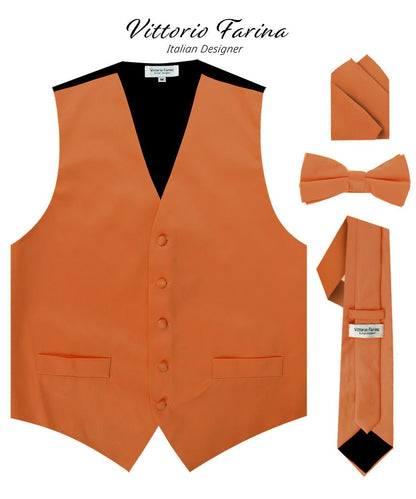 Solid Vest Set with Black Back (Vest, Bow Tie, Necktie and Pocket Square) by Vittorio Farina: Royal Blue, Silver, Teal, Burnt Orange and Wine (vest_plain_BB_burntorange_XS) for Independent Retail Stores by Dubal Brothers