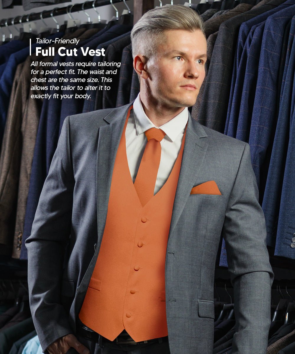 Solid Vest Set with Black Back (Vest, Bow Tie, Necktie and Pocket Square) by Vittorio Farina: Royal Blue, Silver, Teal, Burnt Orange and Wine (vest_plain_BB_burntorange_XS) for Independent Retail Stores by Dubal Brothers