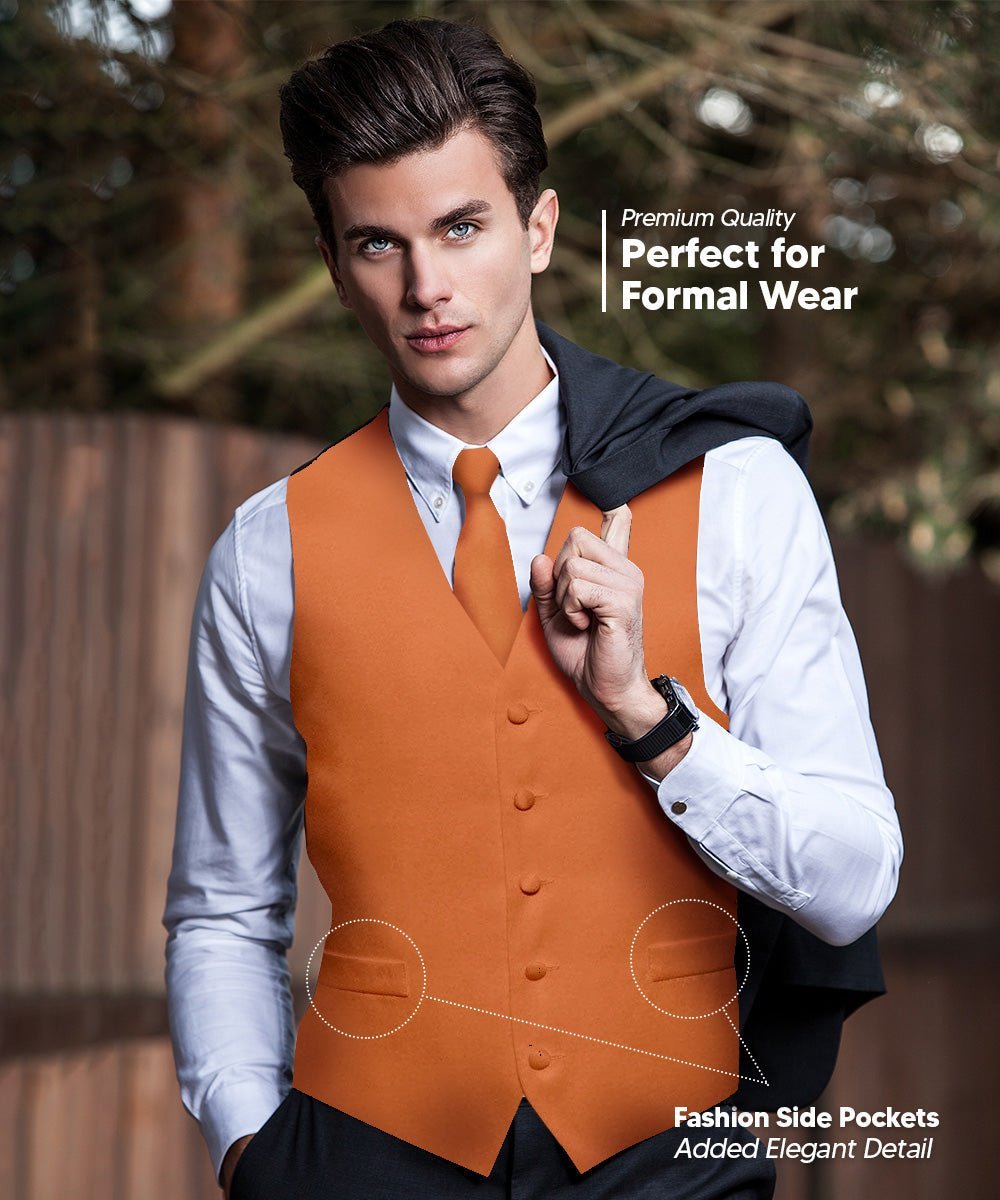 Solid Vest Set with Black Back (Vest, Bow Tie, Necktie and Pocket Square) by Vittorio Farina: Royal Blue, Silver, Teal, Burnt Orange and Wine (vest_plain_BB_burntorange_XS) for Independent Retail Stores by Dubal Brothers