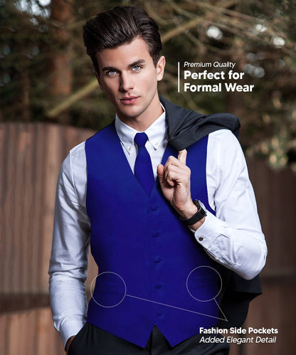 Solid Vest Set with Black Back (Vest, Bow Tie, Necktie and Pocket Square) by Vittorio Farina: Royal Blue, Silver, Teal, Burnt Orange and Wine (vest_plain_BB_royal_XS) for Independent Retail Stores by Dubal Brothers