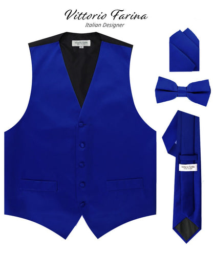 Solid Vest Set with Black Back (Vest, Bow Tie, Necktie and Pocket Square) by Vittorio Farina: Royal Blue, Silver, Teal, Burnt Orange and Wine (vest_plain_BB_royal_XS) for Independent Retail Stores by Dubal Brothers