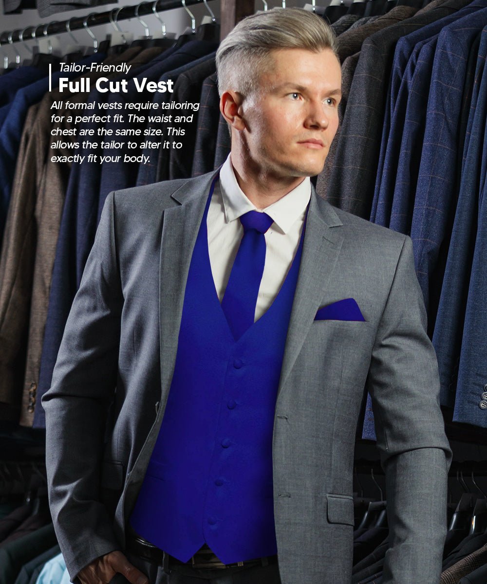 Solid Vest Set with Black Back (Vest, Bow Tie, Necktie and Pocket Square) by Vittorio Farina: Royal Blue, Silver, Teal, Burnt Orange and Wine (vest_plain_BB_royal_XS) for Independent Retail Stores by Dubal Brothers