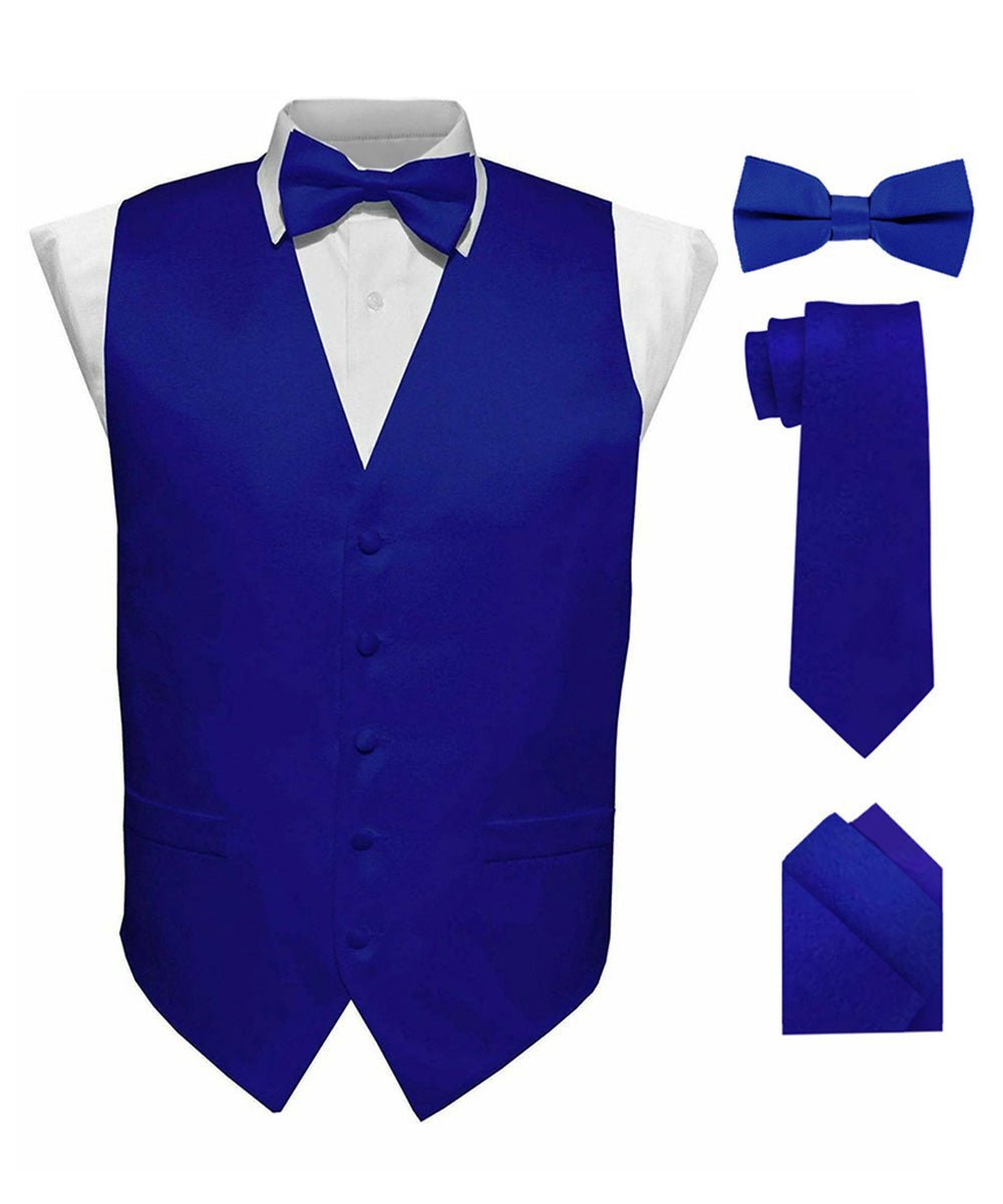 Solid Vest Set with Black Back (Vest, Bow Tie, Necktie and Pocket Square) by Vittorio Farina: Royal Blue, Silver, Teal, Burnt Orange and Wine (vest_plain_BB_royal_XS) for Independent Retail Stores by Dubal Brothers