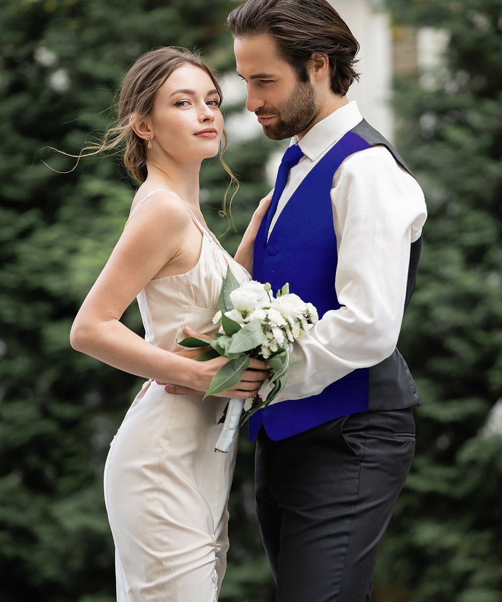 Solid Vest Set with Black Back (Vest, Bow Tie, Necktie and Pocket Square) by Vittorio Farina: Royal Blue, Silver, Teal, Burnt Orange and Wine (vest_plain_BB_royal_XS) for Independent Retail Stores by Dubal Brothers