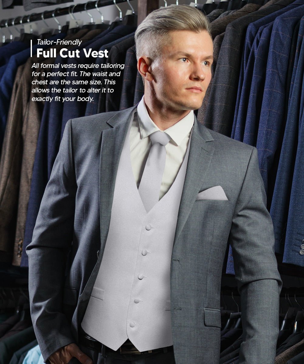 Solid Vest Set with Black Back (Vest, Bow Tie, Necktie and Pocket Square) by Vittorio Farina: Royal Blue, Silver, Teal, Burnt Orange and Wine (vest_plain_BB_silver_XS) for Independent Retail Stores by Dubal Brothers