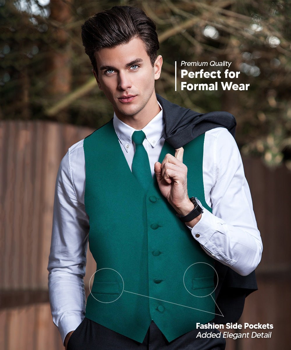 Solid Vest Set with Black Back (Vest, Bow Tie, Necktie and Pocket Square) by Vittorio Farina: Royal Blue, Silver, Teal, Burnt Orange and Wine (vest_plain_BB_tealgreen_XS) for Independent Retail Stores by Dubal Brothers