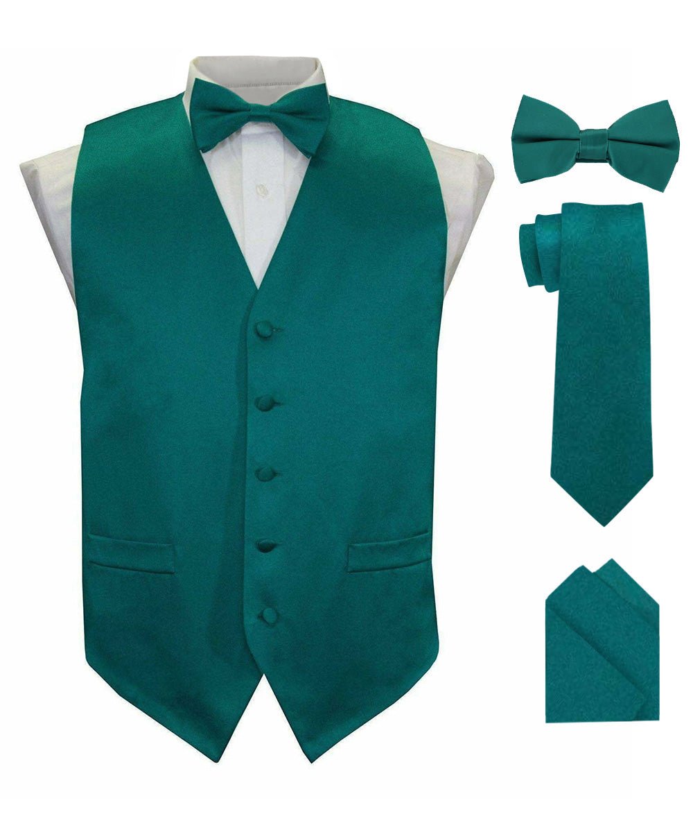 Solid Vest Set with Black Back (Vest, Bow Tie, Necktie and Pocket Square) by Vittorio Farina: Royal Blue, Silver, Teal, Burnt Orange and Wine (vest_plain_BB_tealgreen_XS) for Independent Retail Stores by Dubal Brothers