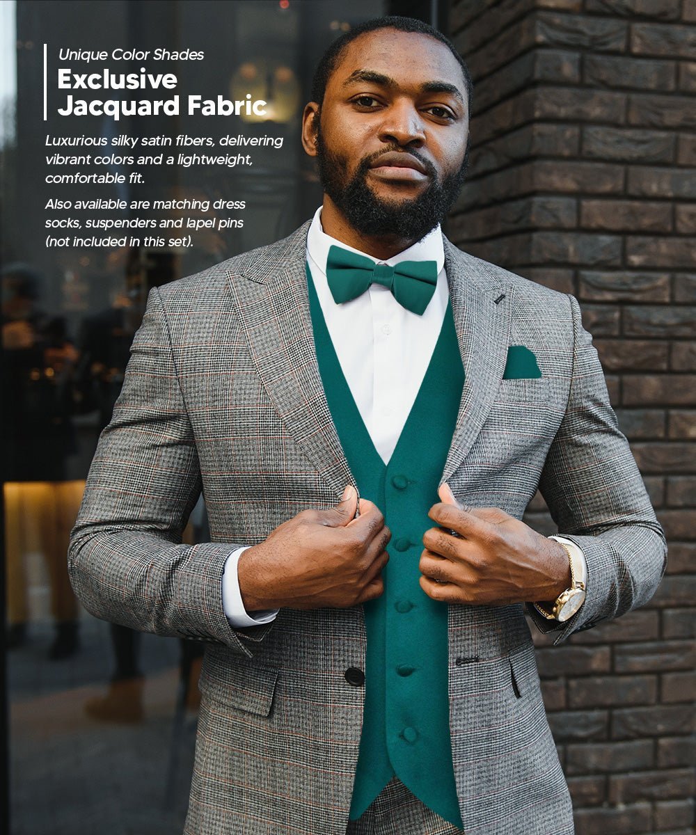 Solid Vest Set with Black Back (Vest, Bow Tie, Necktie and Pocket Square) by Vittorio Farina: Royal Blue, Silver, Teal, Burnt Orange and Wine (vest_plain_BB_tealgreen_XS) for Independent Retail Stores by Dubal Brothers