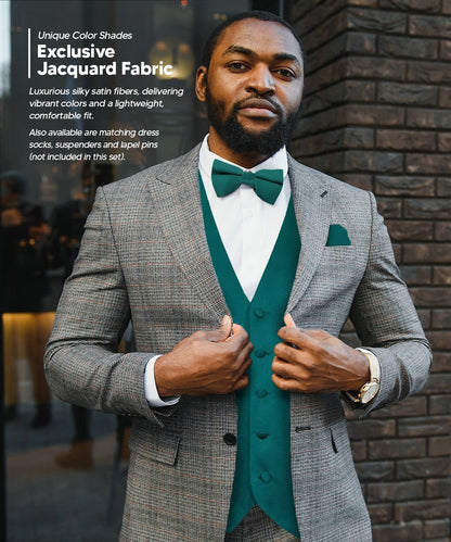 Solid Vest Set with Black Back (Vest, Bow Tie, Necktie and Pocket Square) by Vittorio Farina: Royal Blue, Silver, Teal, Burnt Orange and Wine (vest_plain_BB_tealgreen_XS) for Independent Retail Stores by Dubal Brothers