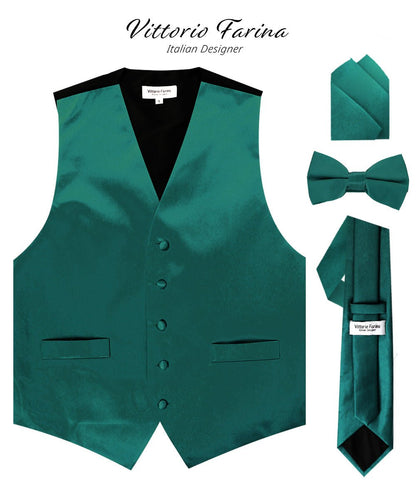 Solid Vest Set with Black Back (Vest, Bow Tie, Necktie and Pocket Square) by Vittorio Farina: Royal Blue, Silver, Teal, Burnt Orange and Wine (vest_plain_BB_tealgreen_XS) for Independent Retail Stores by Dubal Brothers
